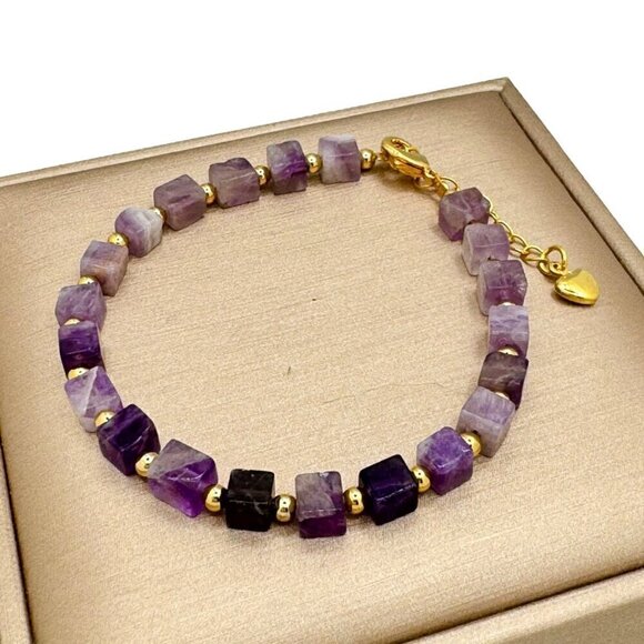 NWT Amethyst Beaded Bracelet 18K Gold Plated Square Purple  6.5” - Picture 1 of 8